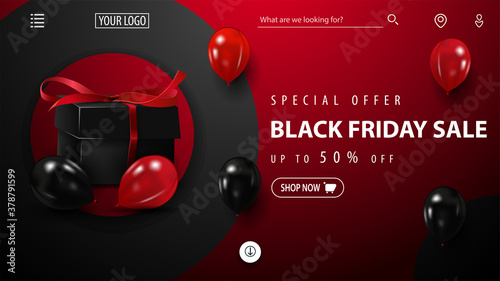 Special offer, Black Friday Sale, red discount banner with large circles on background, present box, red and black balloons and offer with button