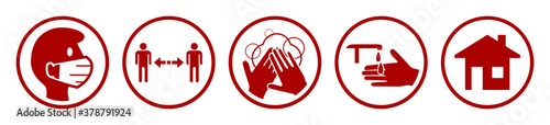 Set of Round Coronavirus Covid-19 Measure Signs including Wear a Face Mask, Keep Your Distance, Wash Your Hands, Sanitize Your Hands and Stay at Home. Vector Image.