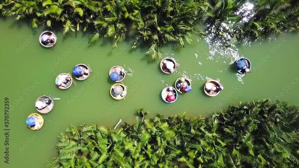 Hoi an, Vietnam. coconut basket boat village landscape. drone view shot