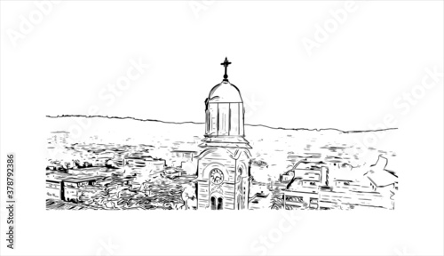 Building view with landmark of Banja Luka is the second largest city in Bosnia and Herzegovina. Hand drawn sketch illustration in vector.