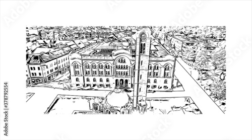 Building view with landmark of Banja Luka is the second largest city in Bosnia and Herzegovina. Hand drawn sketch illustration in vector. photo
