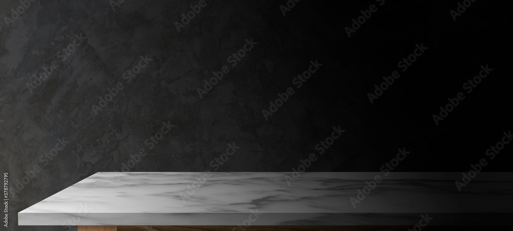 Empty marble top table with dark abstract cement wall background for product display montage. - obrazy, fototapety, plakaty 