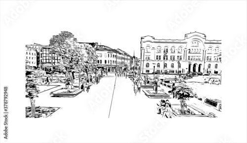 Building view with landmark of Banja Luka is the second largest city in Bosnia and Herzegovina. Hand drawn sketch illustration in vector.
