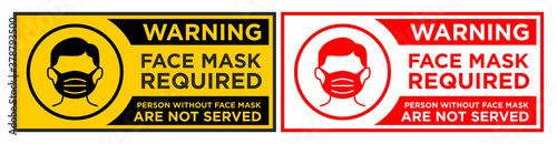 Warning sign Face mask required before entering . Infection preventive measure sticker on entrance door. Horizontal warning signage for restaurant, cafe and retail business. Illustration, vector
