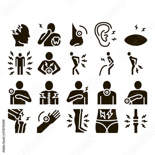 Body Ache Collection Elements Icons Set Vector Thin Line. Headache And Toothache  Backache And Arthritis  Stomach And Muscle Ache  Eye And Foot Pain Pictograms. Monochrome Contour Illustrations