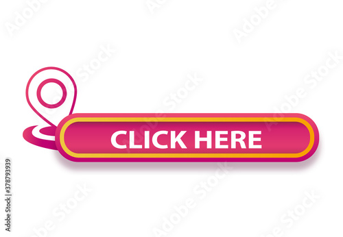Bright pink promotion banner Click Here with pointer icon. Advertising label for web sites.
