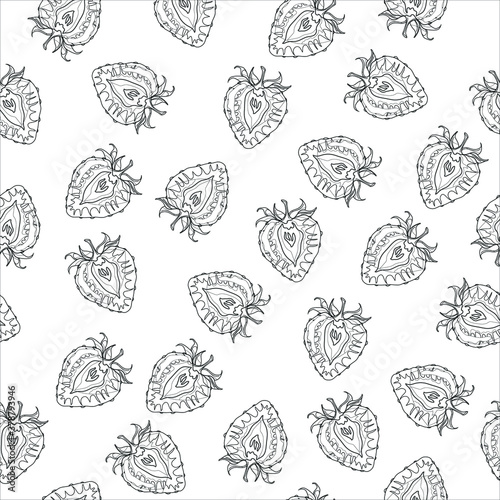 Realistic strawberry half slice seamless pattern template. Cartoon vector illustration in black and white for games, decor. Print for fabrics and other surfaces. Coloring paper, page, book