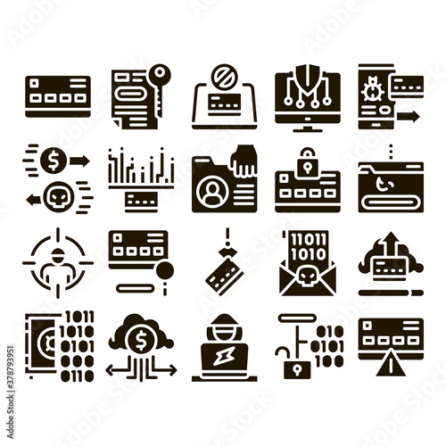 Carder Hacker Collection Elements Icons Set Vector Thin Line. Carder Silhouette And Smartphone, Bug And Fraud Virus, Laptop And Card Glyph Pictograms Black Illustrations