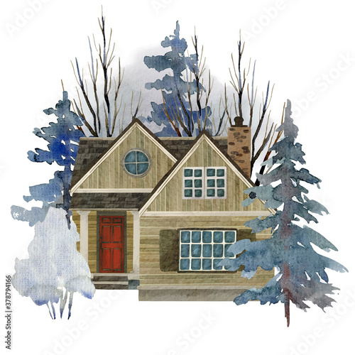 Watercolor portrait of house in the winter trees