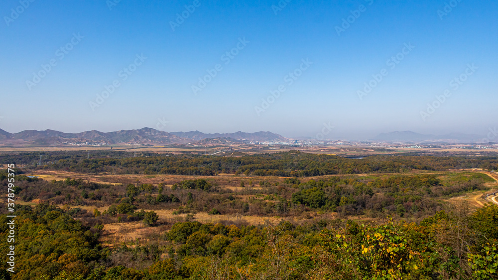 A view across the DMZ from the Dora Observatory to North Korea