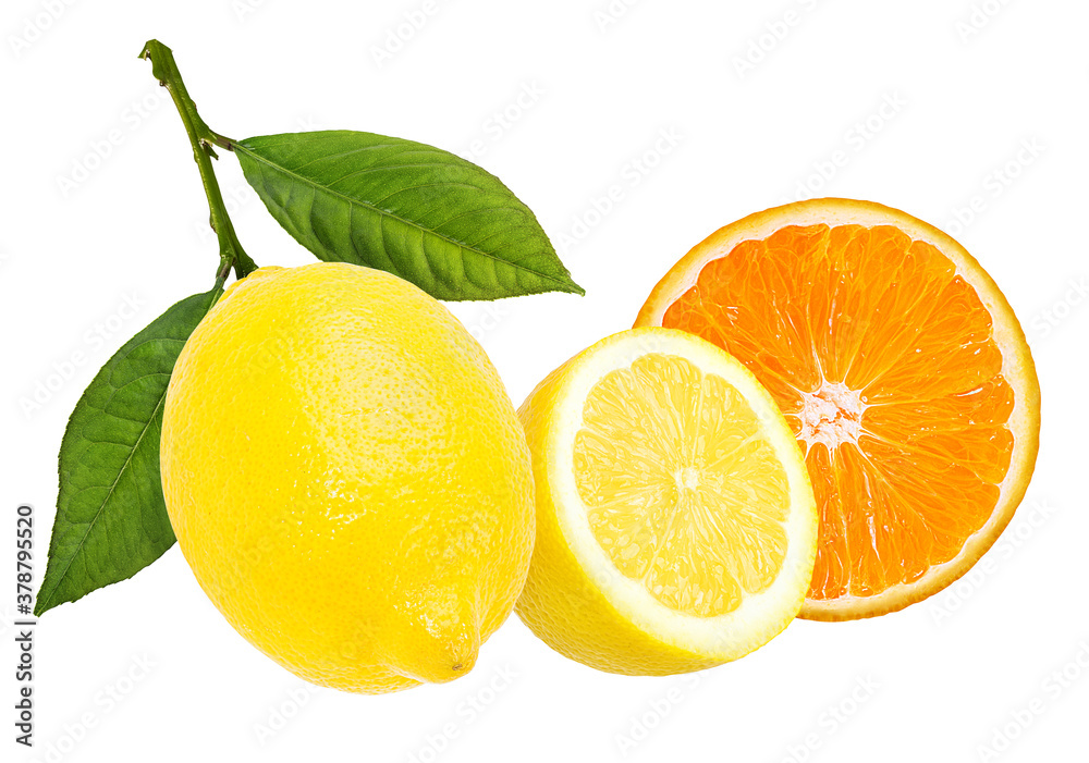 Fresh lemon  and orange with leaf isolated on white background with clipping path