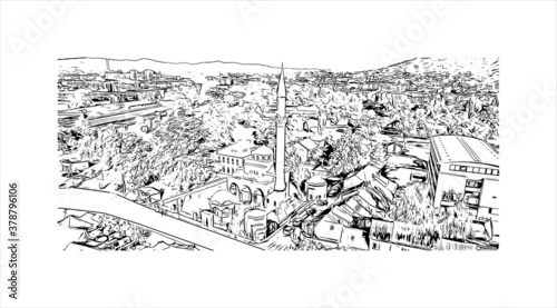 Building view with landmark of Banja Luka is the second largest city in Bosnia and Herzegovina. Hand drawn sketch illustration in vector.
