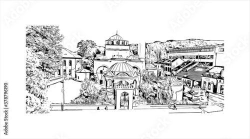 Building view with landmark of Banja Luka is the second largest city in Bosnia and Herzegovina. Hand drawn sketch illustration in vector.