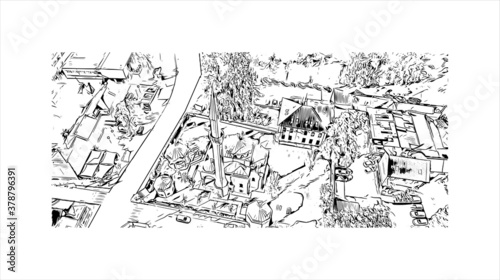 Building view with landmark of Banja Luka is the second largest city in Bosnia and Herzegovina. Hand drawn sketch illustration in vector.