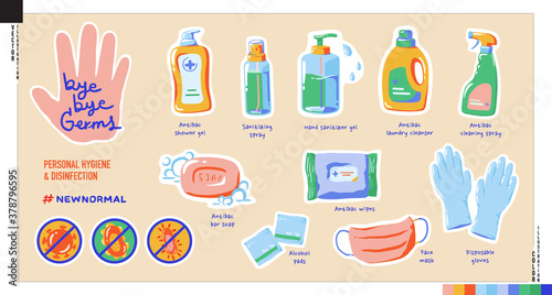 Bye-bye germs sticker set. Vector illustration of personal hygiene and disinfectant products.