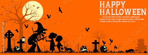 A witch is giving the children some candy in the Halloween night.There are 3 unique layers , black,grey and white on orange background.