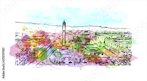 Building view with landmark of Banja Luka is the second largest city in Bosnia and Herzegovina. Watercolor splash with hand drawn sketch illustration in vector.