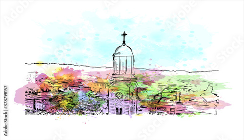 Building view with landmark of Banja Luka is the second largest city in Bosnia and Herzegovina. Watercolor splash with hand drawn sketch illustration in vector. photo