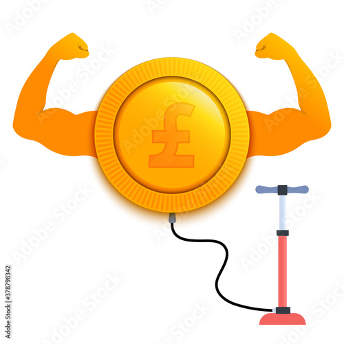 Strong pound currency showing big muscles. Inflating the coin by the pump on the stock market. Increase of the value of the digital gold. Vector cartoon illustration.