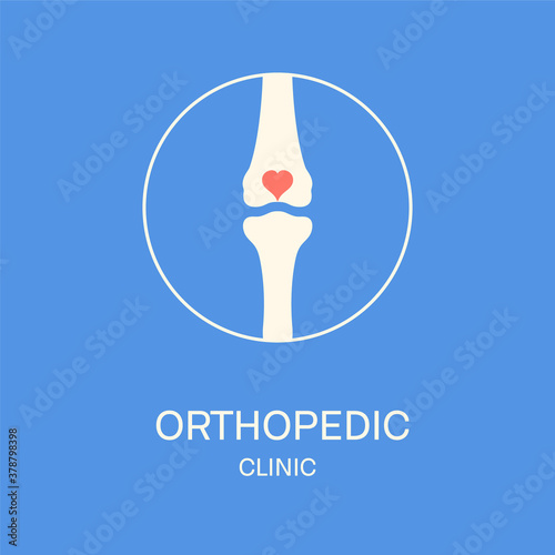 Orthopedics clinic medical logo. Knee joint bones in a circle on blue background. Musculoskeletal system disorders treatment concept. Human body anatomy icon. Vector illustration.