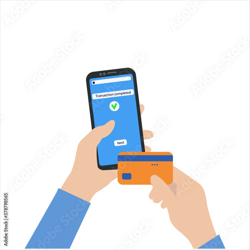 Money transaction online concept. Mobile payments using a smartphone. Hands hold a mobile phone and Bank card. Vector illustration in a trendy flat style isolated on a white background