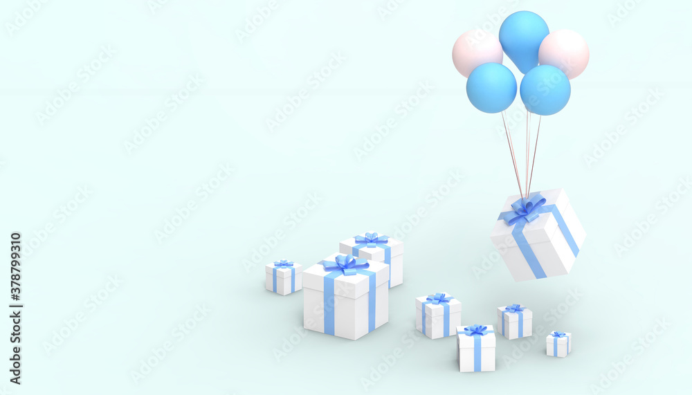 Obraz premium Gift Box Surprise with blue ribbon and blue Balloon on blue background.greeting card paper art style - 3d rendering