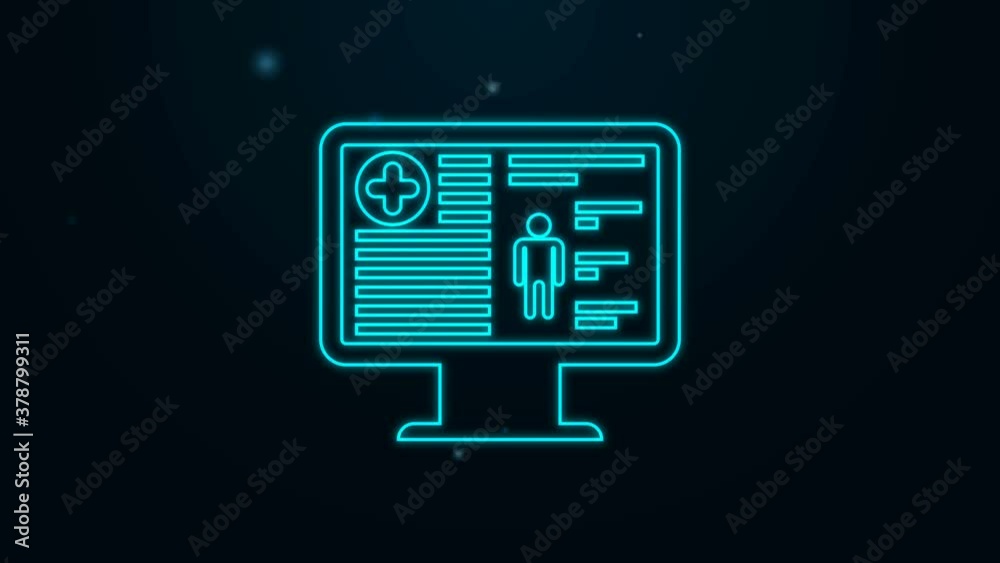 Glowing neon line Medical clinical record on monitor icon isolated on black background. Health insurance form. Prescription, medical check marks report. 4K Video motion graphic animation. Glowing neon line Medical clinical record on monitor icon isolated on black background. Health insurance form. Prescription, medical check marks report. 4K Video motion graphic animation.