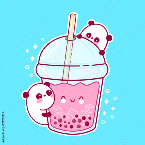 Cute happy funny bubble tea cup and pandas