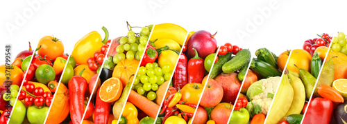 Wide collage of fruits, vegetables and berries separated by sloping lines isolated on white