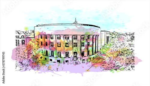 Building view with landmark of Banja Luka is the second largest city in Bosnia and Herzegovina. Watercolor splash with hand drawn sketch illustration in vector.