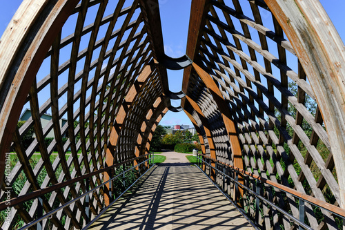 Modern wooden pedestrian bridge in Helsinki, Finland.