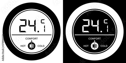 Wall mounted digital controller, regulator for remote control of climate in house. Part of smart home system. Comfortable room temperature. Vector, icon