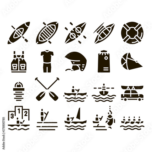 Canoeing Collection Elements Icons Set Vector Thin Line. Canoe Transportation On Car And Canoening Protection Safety Life Equipment Glyph Pictograms Black Illustrations