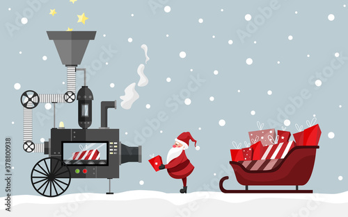 Weihnachtsmann in Weihnachtsfabrik lädt Geschenke auf Schlitten auf. Maschine wandelt Sterne/Wünsche in Geschenke um. Geschenkkarte. Banner. Blau