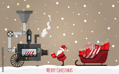 Merry Christmas - Weihnachtsmann in Weihnachtsfabrik lädt Geschenke auf Schlitten auf. Maschine wandelt Sterne/Wünsche in Geschenke um. Geschenkkarte. Banner. Braun