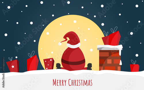 Merry Christmas - Geschenkkarte, Weihnachtsmann sitzt bei Vollmond auf Hausdach zwischen Geschenken. Geschenke stecken im Schornstein. Bescherung. Banner. Vektorgrafik