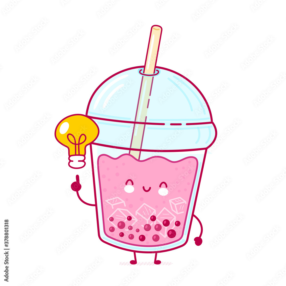 Cute happy bubble tea cup with idea light bulb Cute happy bubble tea cup with idea light bulb