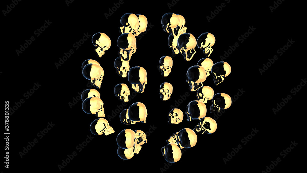 Multiple human skulls facing each other in golden and black colour 3D ...