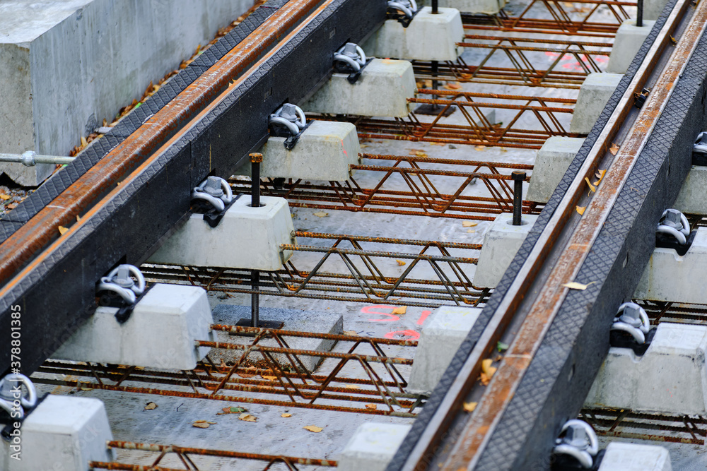 The new light rail tracks are under construction.