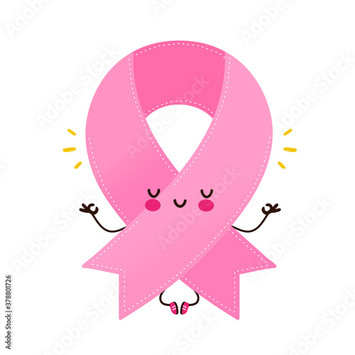Cute happy funny pink ribbon character meditate