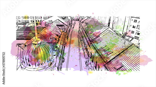 Building view with landmark of Banja Luka is the second largest city in Bosnia and Herzegovina. Watercolor splash with hand drawn sketch illustration in vector.