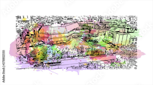 Building view with landmark of Banja Luka is the second largest city in Bosnia and Herzegovina. Watercolor splash with hand drawn sketch illustration in vector.