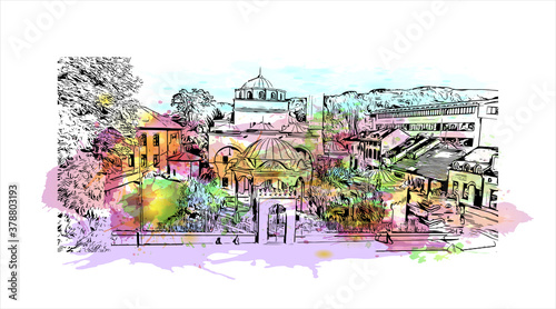 Building view with landmark of Banja Luka is the second largest city in Bosnia and Herzegovina. Watercolor splash with hand drawn sketch illustration in vector.