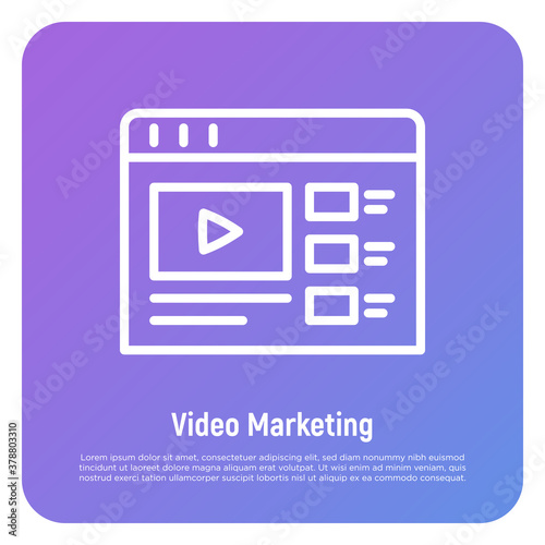 Video marketing thin line icon. Web page with button play. Promotion, advertising in video. Vector illustration.
