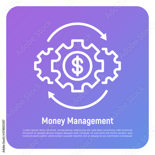 Money management thin line icon. Investment, financial circulation, financial operating, income from funds. Gear with arrows. Vector illustration.