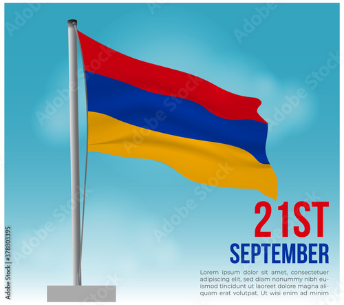 flag of Armenia. Armenia independence day or republic day vector illustration.  Armenian flag on pole with sky background. Armenia wavy flag. Armenia independence day greeting card template.