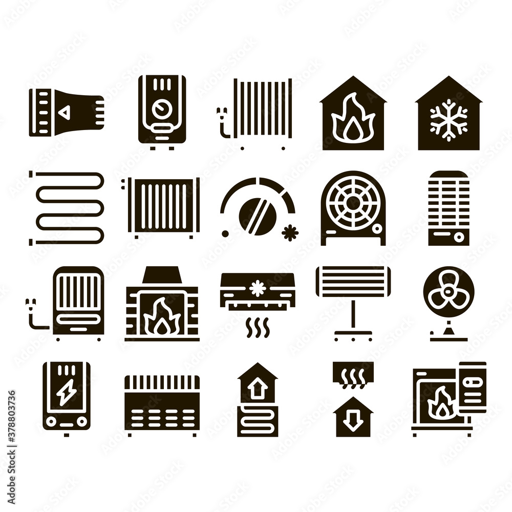 Heating And Cooling Collection Vector Icons Set Thin Line. Cool And Humidity, Airing, Ionisation And Heating Glyph Pictograms Black Illustrations