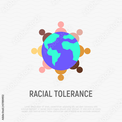 National tolerance thin line icon. Multicultural unity, social solidarity, globalization. People of different nationalities around planet. Vector illustration.