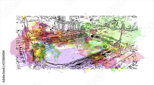 Building view with landmark of Banja Luka is the second largest city in Bosnia and Herzegovina. Watercolor splash with hand drawn sketch illustration in vector.