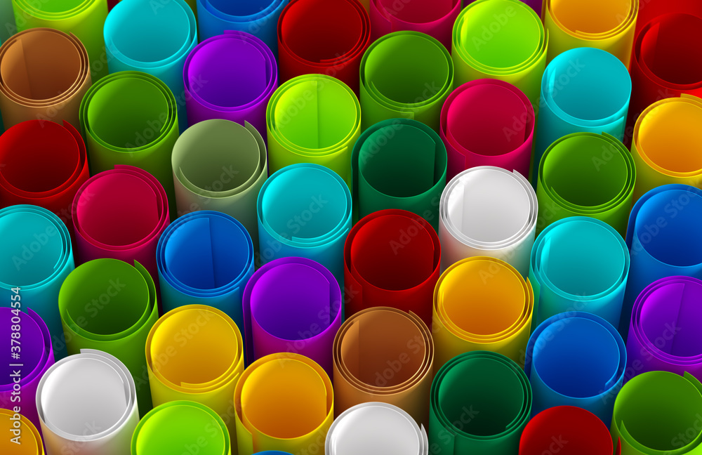 Colorful paper rolls background. 3D Rendering Colorful paper rolls background. 3D Rendering